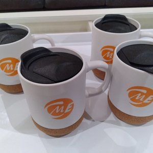4 CME Cork Bottom Coffee Mugs With Travel Top Lids- 12 Oz Travel Mugs- NEW